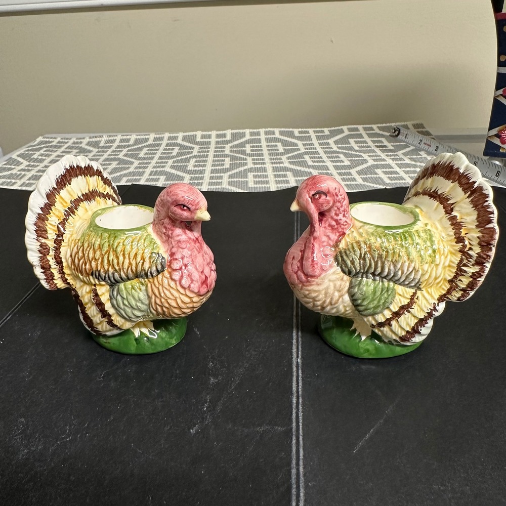 BRINN'S Thanksgiving TURKEY Vintage 2 Piece Candle Holders‎ Glazed Ceramic